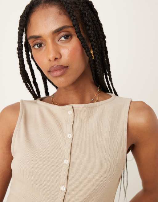 Pimkie ribbed sleeveless button-down split front waistcoat top in beige ...