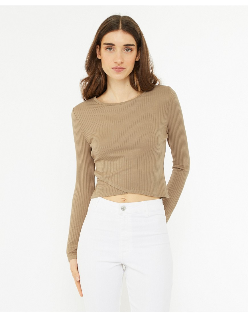 Pimkie ribbed wrap seam detail top in taupe-Neutral