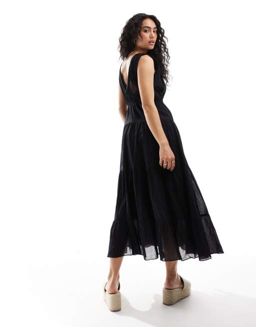 Pimkie Robe longue sans manches a volants etages et col V Noir
