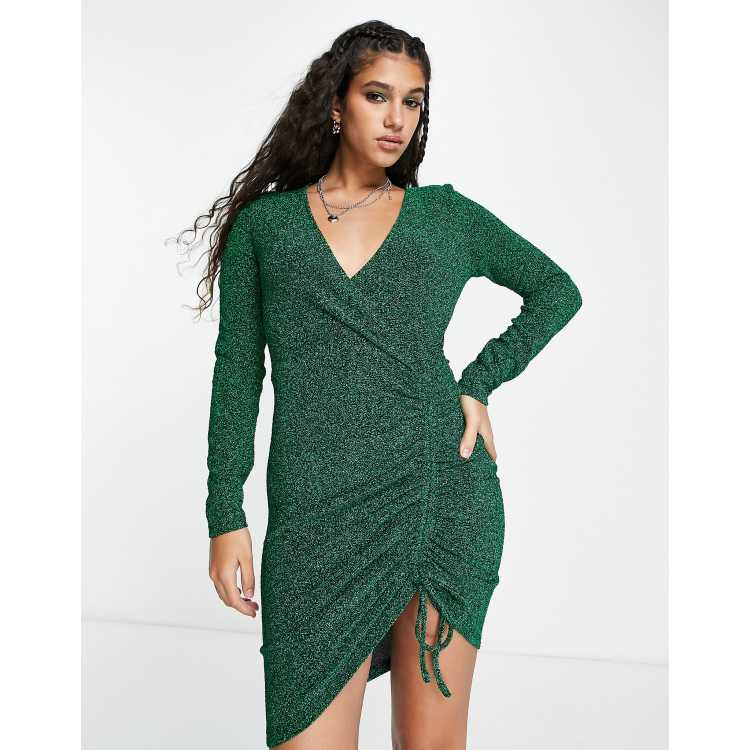 Pimkie Robe mi longue en velours manches longues et d tail fronc Vert