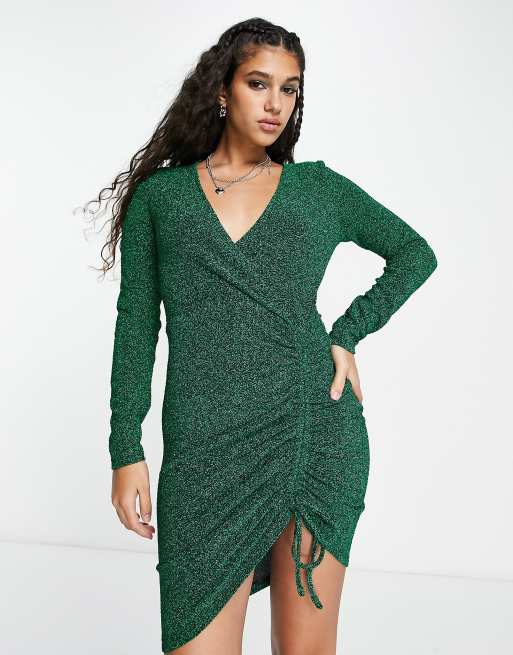 Pimkie Robe mi longue en velours manches longues et d tail fronc Vert