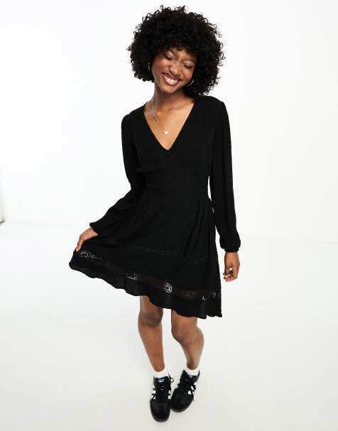 Pimkie - Robe patineuse à col en V et empiècement en dentelle - Noir - view 1