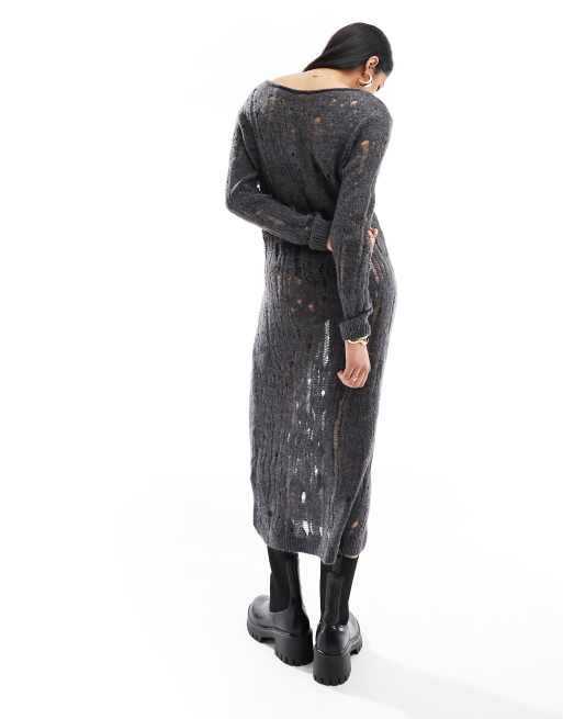 Pimkie Robe pull mi longue a epaules denudees en maille echelle Anthracite