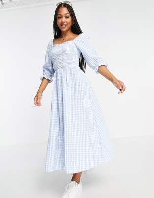 Pimkie - Robe rétro mi-longue à fronces avec motif à carreaux - Bleu 