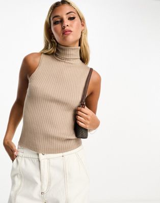 Pimkie roll neck knitted sleeveless jumper in taupe