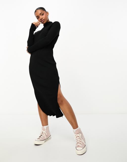 Pimkie roll neck side split midi jumper dress in black | ASOS