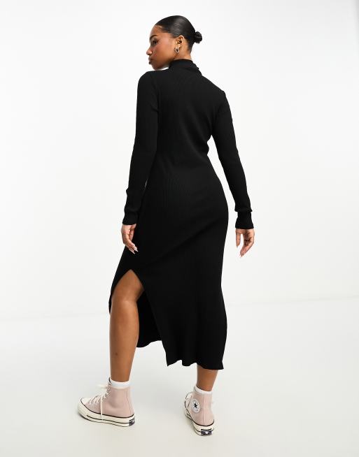 Pimkie roll neck side split midi jumper dress in black