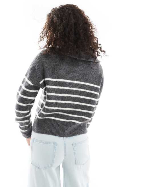 Pimkie roll neck zip through wool cardigan in charcoal stripe, 3 of 4