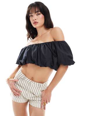 Pimkie Pimkie ruched bardot crop top in black