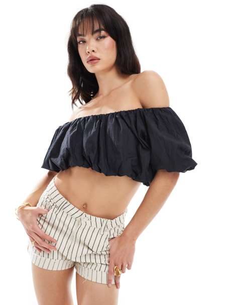 Pimkie ruched bardot crop top in black - view 1