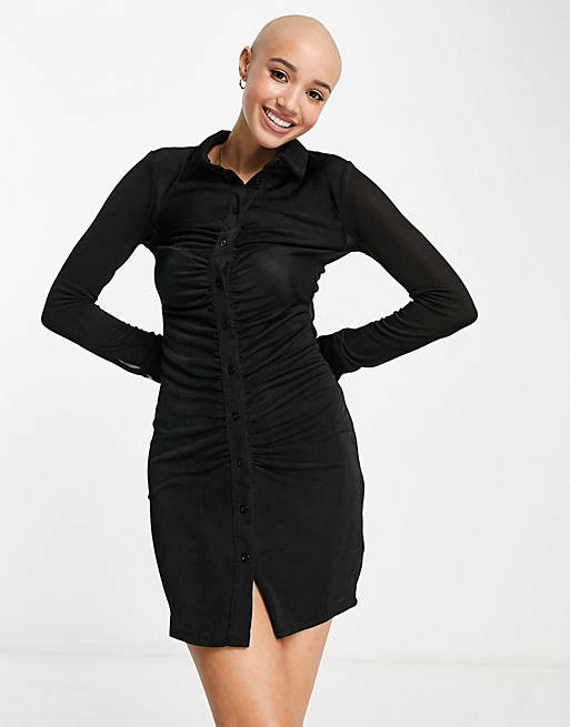 Pimkie ruched detail long sleeve shirt mini dress in black