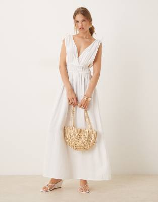 Pimkie ruched waist wrap v neck tie back detail maxi dress in white - view 1