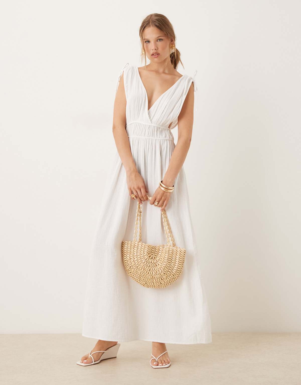 Pimkie ruched waist wrap v neck tie back detail  maxi dress in white