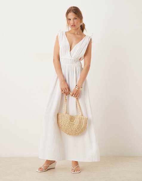 Pimkie ruched waist wrap v neck tie back detail  maxi dress in white