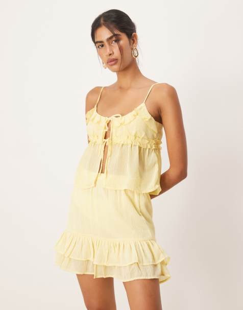Pimkie ruffle tie front cami top co-ord in yellow stripe