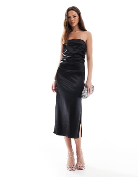 Pimkie satin look bandeau ruched midi dress in black