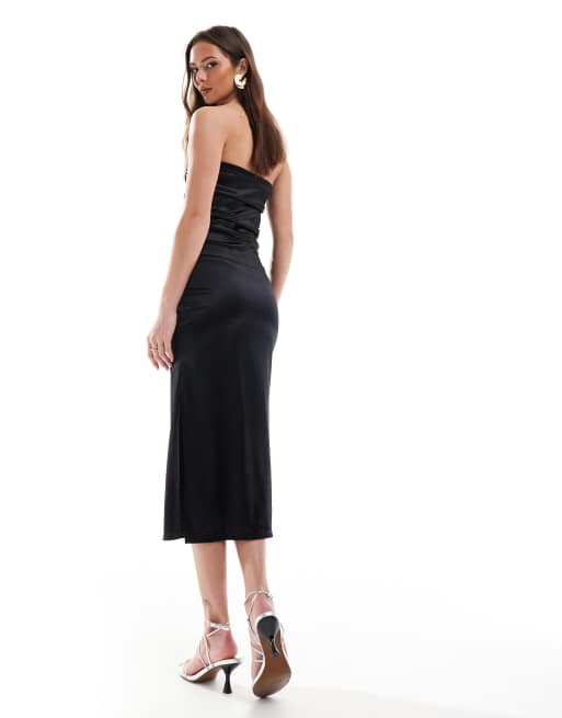 Pimkie satin look bandeau ruched midi dress in black, 3 of 4