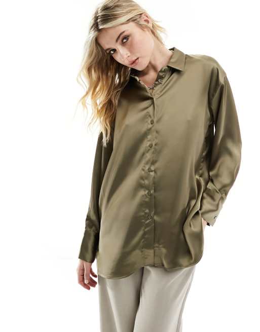 Pimkie satin shirt in khaki ASOS