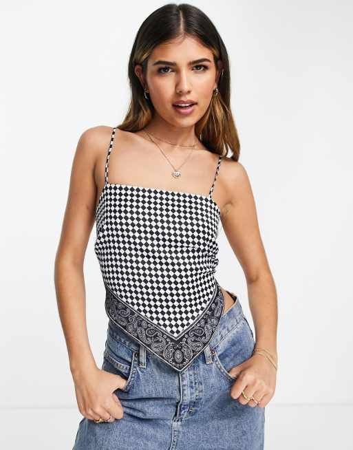 Pimkie – Schwarz kariertes Camisole-Oberteil mit V-Saum