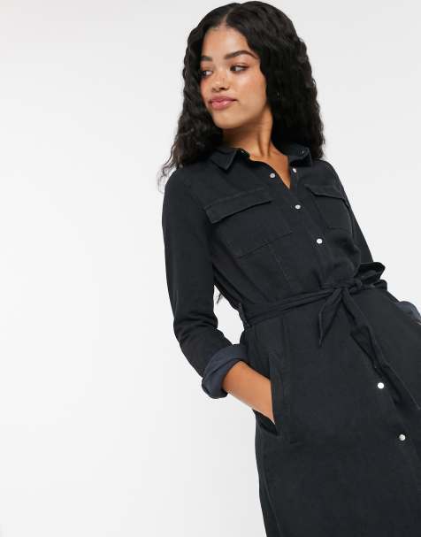 Pimkie – Schwarzes Jeanshemdkleid in Midi-Länge mit Knöpfen vorn