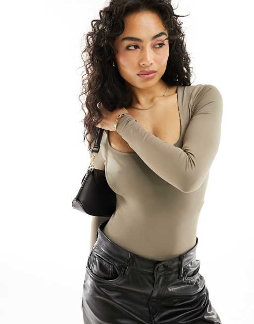 Pimkie sculpted square neck long sleeve body in taupe