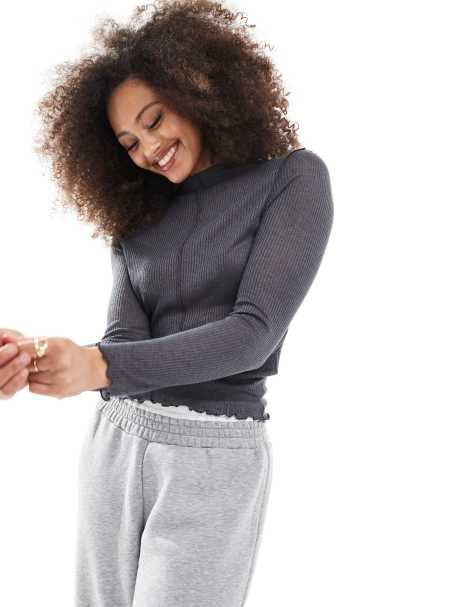 Pimkie seam detail high neck lettuce edge top in charcoal - view 1