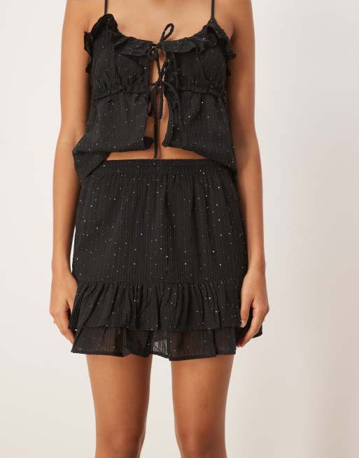 Pimkie sequin detail ruffle hem mini skirt co-ord in black, 4 of 5