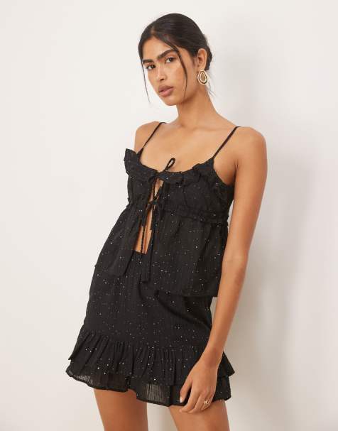 Pimkie sequin detail ruffle tie front cami top co-ord in black