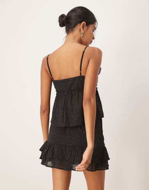 Pimkie sequin detail ruffle tie front cami top co-ord in black, 3 of 4