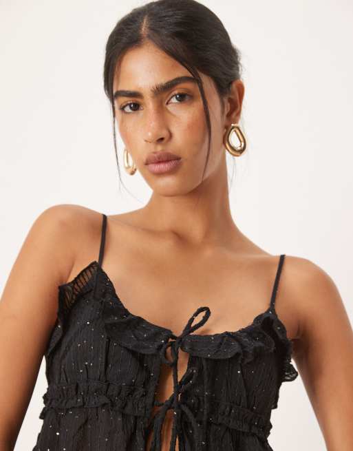 Pimkie sequin detail ruffle tie front cami top co-ord in black, 4 of 4