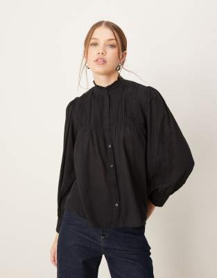 Pimkie Pimkie sheer pleated detail high neck shirt in black