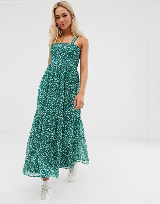 Pimkie shirred floral maxi dress in green