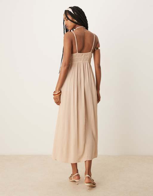 Pimkie shirred strappy maxi dress in beige, 3 of 4