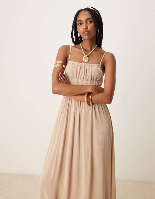 Pimkie shirred strappy maxi dress in beige, 4 of 4
