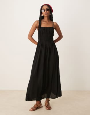 Pimkie shirred strappy maxi dress in black