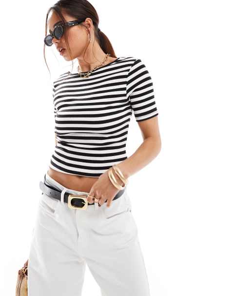 Pimkie short sleeve fitted t-shirt with scoop back in black and white stripe - view 1