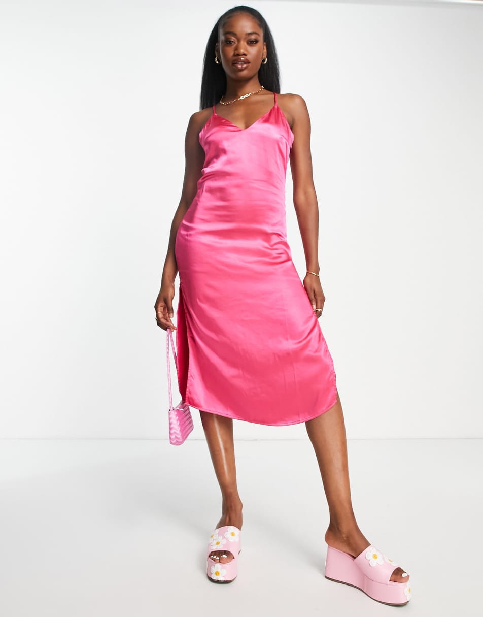 Pimkie sleeveless midi slip dress with cross back in pink