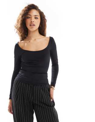 Pimkie slinky long sleeve wide scoop neck top in black