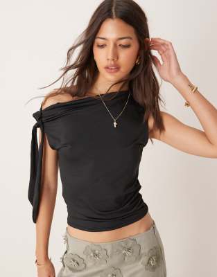 Pimkie Pimkie slinky off shoulder tie drape detail top in black