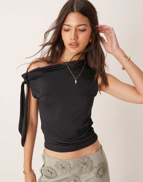 Pimkie slinky off shoulder tie drape detail top in black - view 1