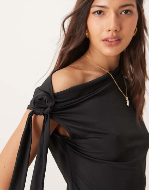 Pimkie slinky off shoulder tie drape detail top in black, 2 of 4