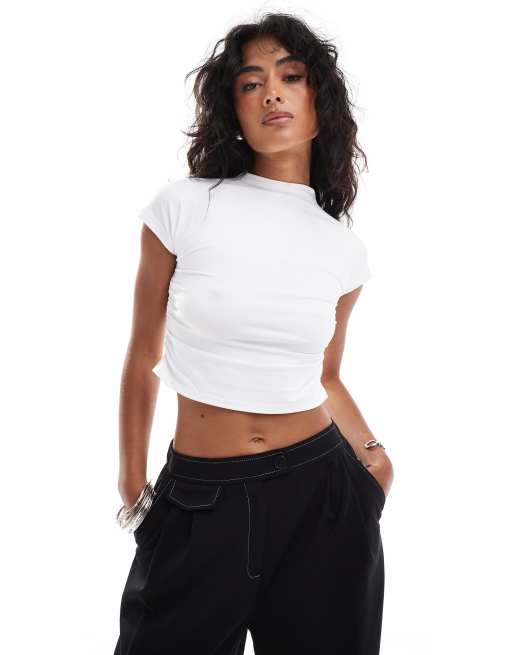 Pimkie slinky ruched cap sleeve top in white