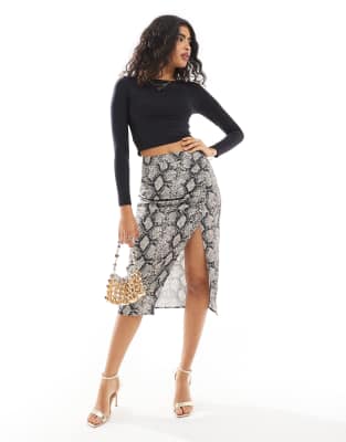 Pimkie Pimkie slinky thigh split midi skirt in snake print-Multi