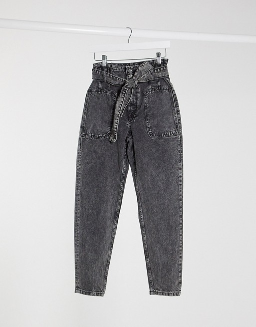 Pimkie slouchy jeans with tie waist in washed grey