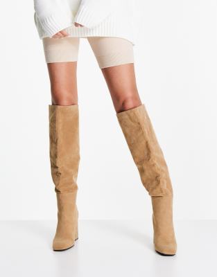 Pimkie slouchy over the knee faux suede boot in beige