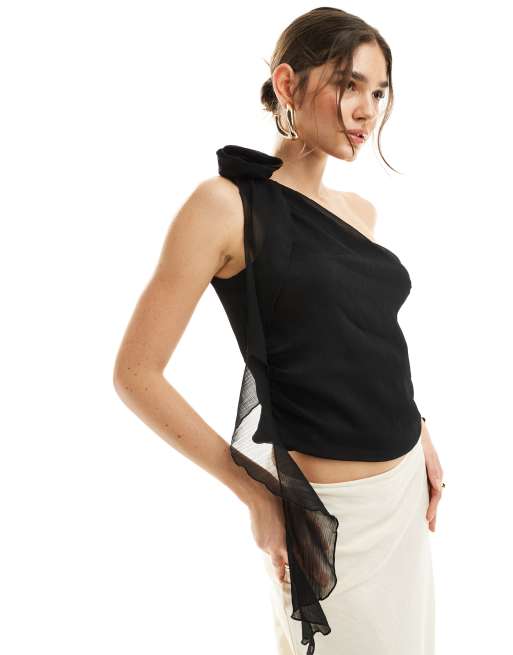 Pimkie - Sort oneshoulder-top i chiffon med draperet detalje
