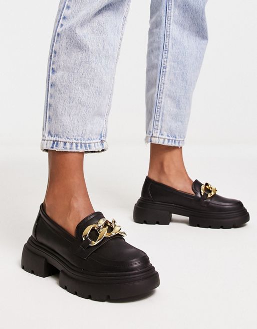 Pimkie - Sorte chunky loafers med guldfarvet kædedetalje