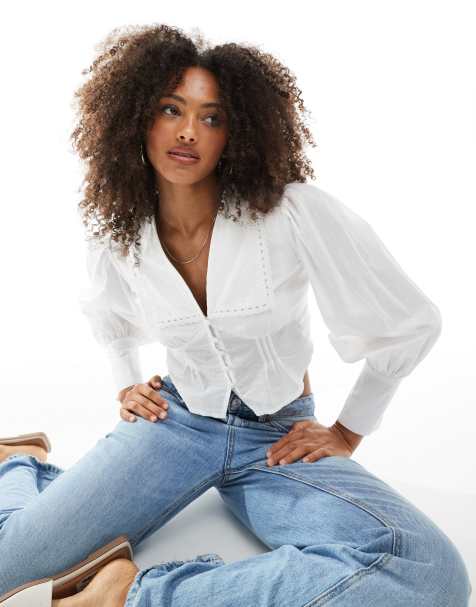 Pimkie square collar lace trim button through blouse in white - view 1