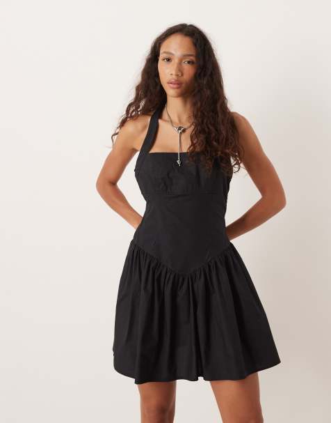 Pimkie square halter neck drop pleat waist cotton mini dress in black - view 1