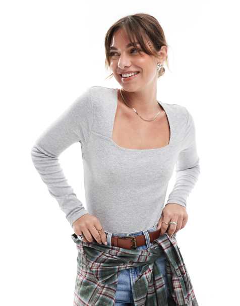 Pimkie square neck long sleeve body in grey - view 1